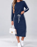 Women's Side Stripe Skirt Co-Ord Set with Long Sleeves and Drawstring Waist in Navy Blue – photo 3
