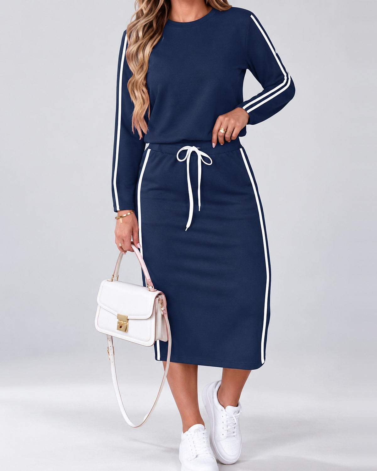 Women's Side Stripe Skirt Co-Ord Set with Long Sleeves and Drawstring Waist in Navy Blue – photo 3