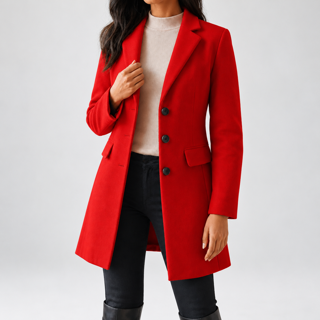 Women's Tailored Single Breasted Coat with Notched Lapels and Flap Pockets in Red – photo 1