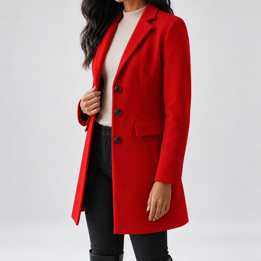 Women's Tailored Single Breasted Coat with Notched Lapels and Flap Pockets in Red – photo 2