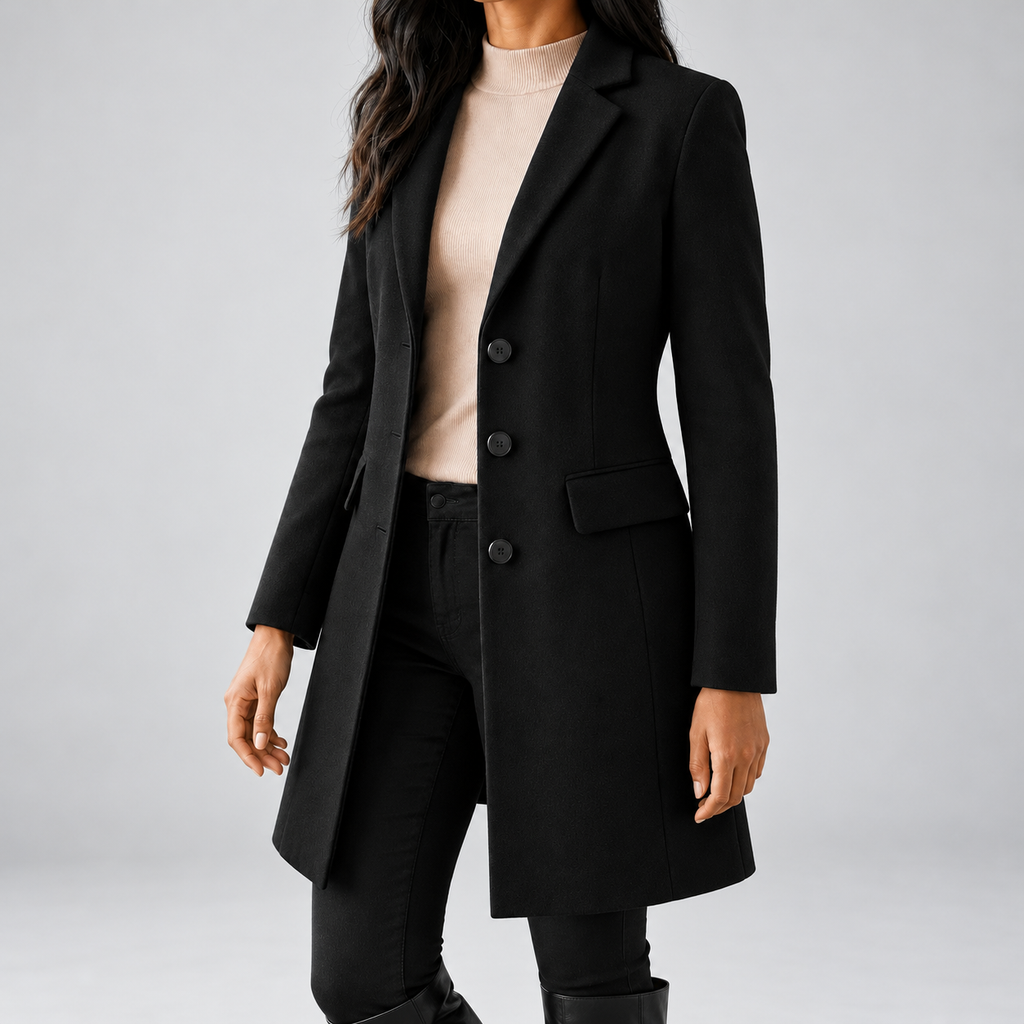Women's Tailored Single Breasted Coat with Notched Lapels and Flap Pockets in Black – photo 1
