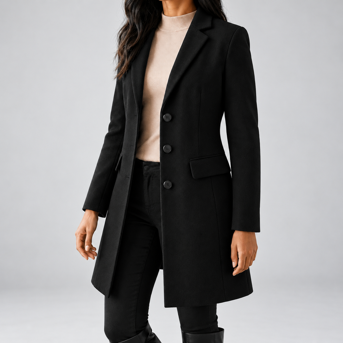 Women's Tailored Single Breasted Coat with Notched Lapels and Flap Pockets in Black – photo 1