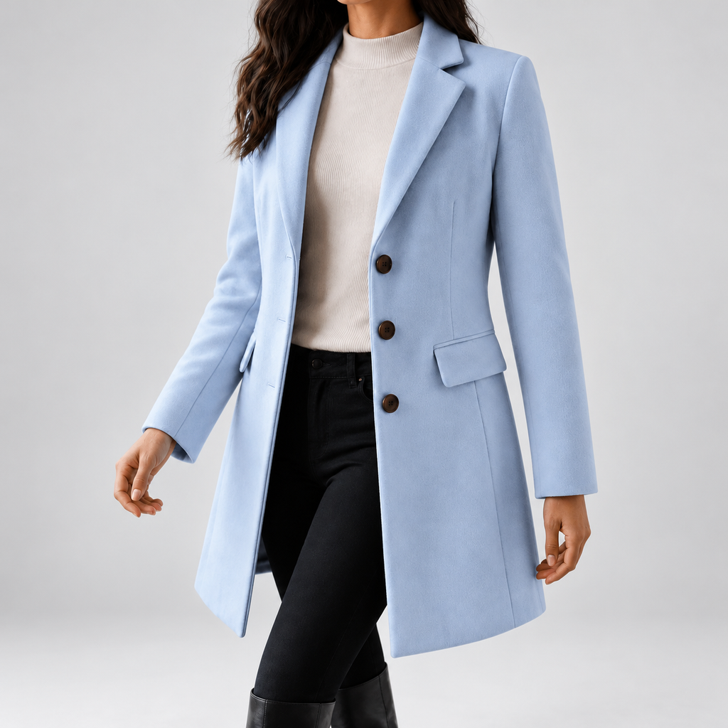 Women's Tailored Single Breasted Coat with Notched Lapels and Flap Pockets in Blue – photo 1