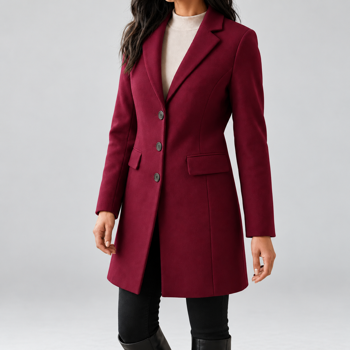 Women's Tailored Single Breasted Coat with Notched Lapels and Flap Pockets in Burgundy – photo 1