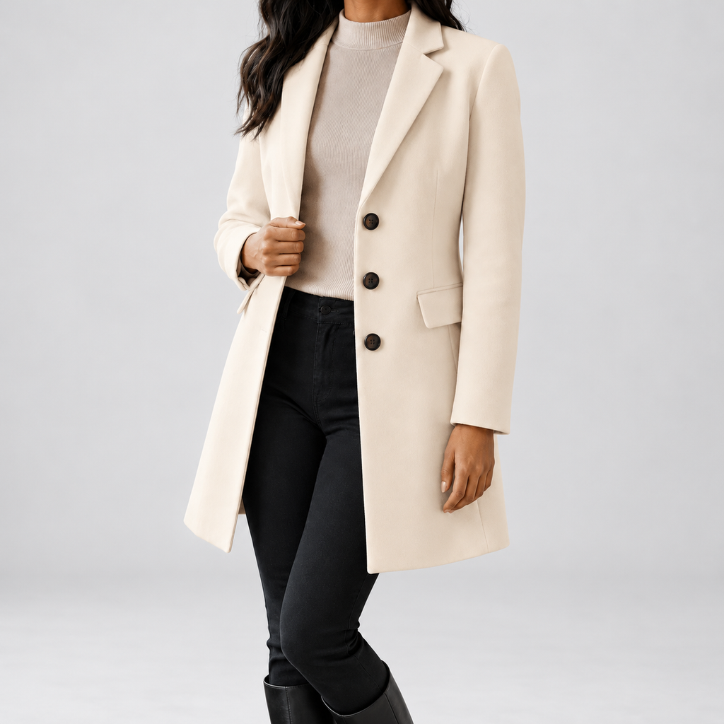 Women's Tailored Single Breasted Coat with Notched Lapels and Flap Pockets in Ivory White – photo 1