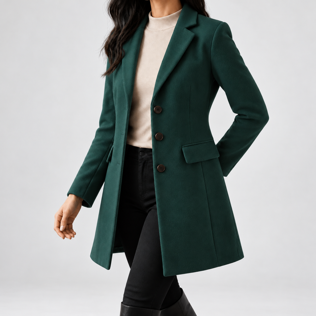 Women's Tailored Single Breasted Coat with Notched Lapels and Flap Pockets in Green – photo 1