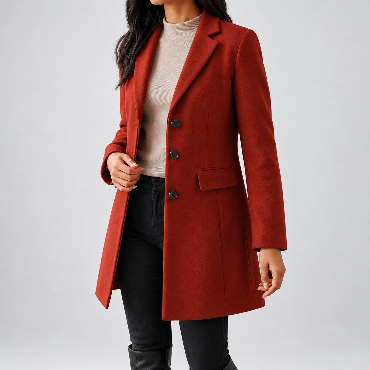 Women's Tailored Single Breasted Coat with Notched Lapels and Flap Pockets in Brick Red – photo 1