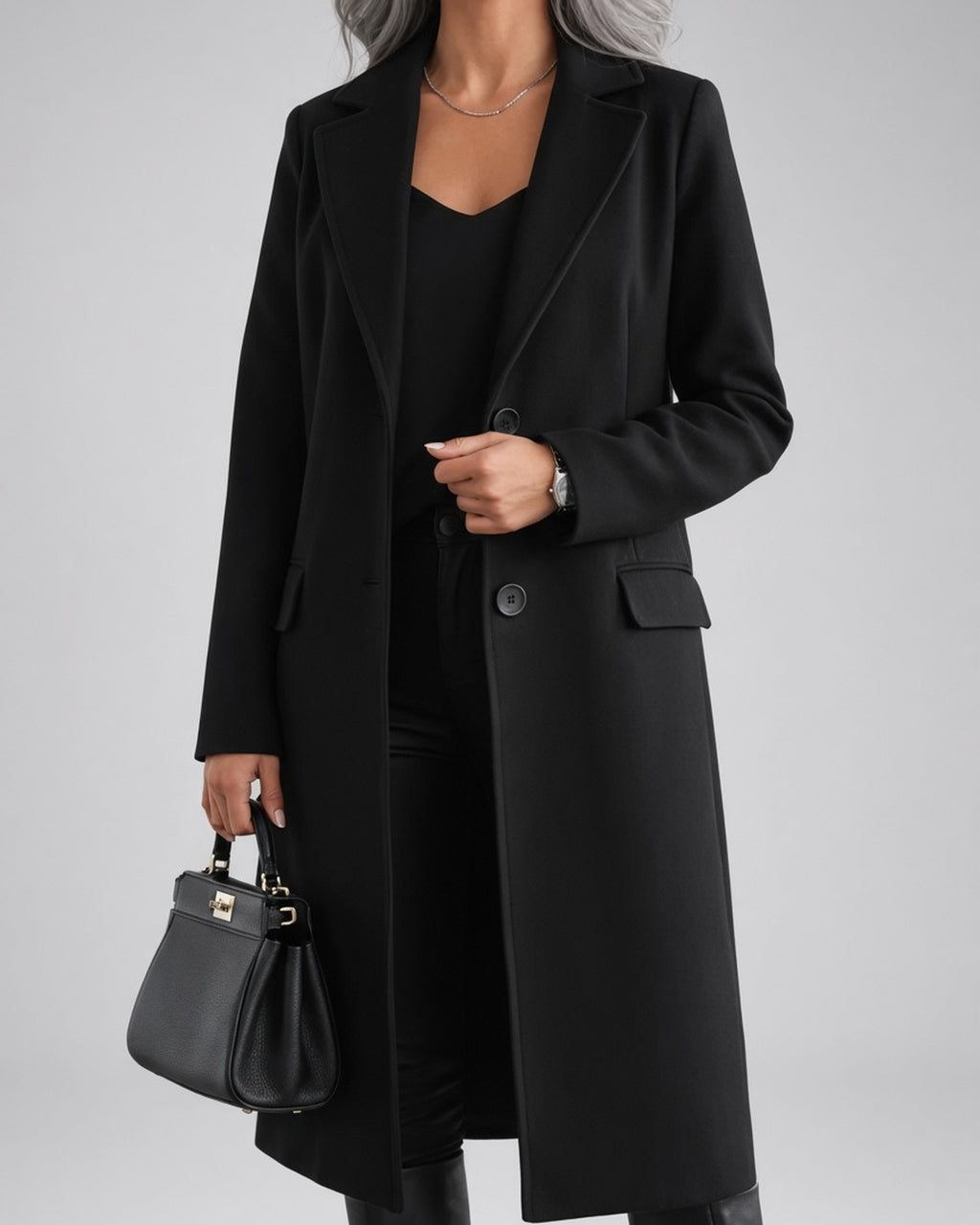 Women's Single-Breasted Long Coat with Notched Lapels in Black – photo 1