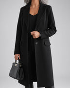 Women's Single-Breasted Long Coat with Notched Lapels in Black – photo 1