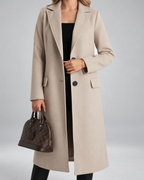 Women's Single-Breasted Long Coat with Notched Lapels in Beige – photo 1