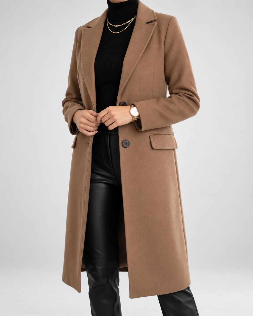 Women's Single-Breasted Long Coat with Notched Lapels in Brown – photo 1