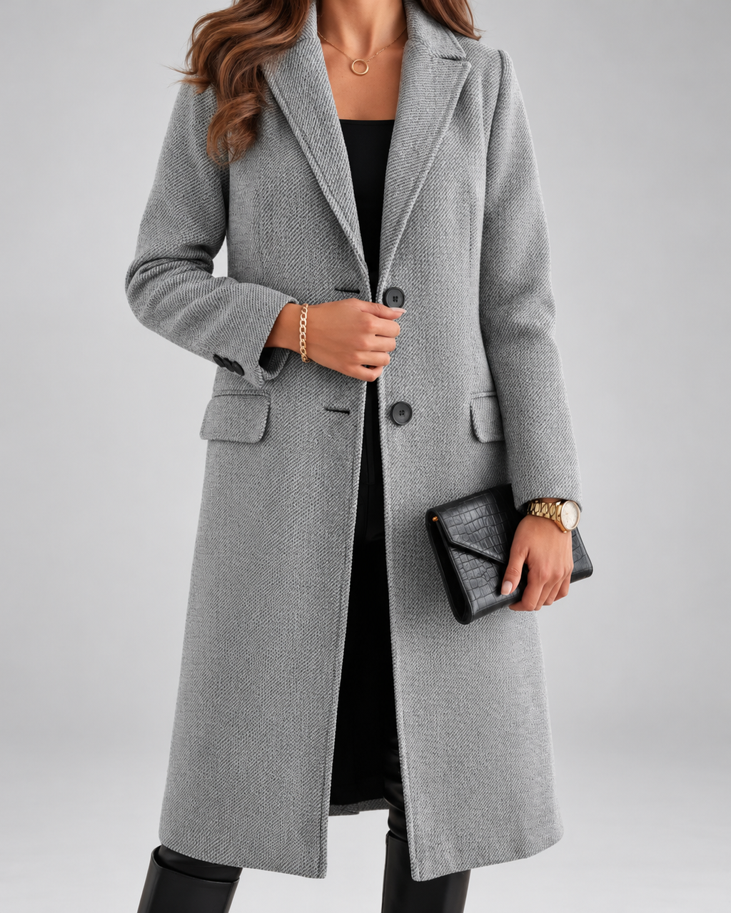 Women's Single-Breasted Long Coat with Notched Lapels in Grey – photo 1