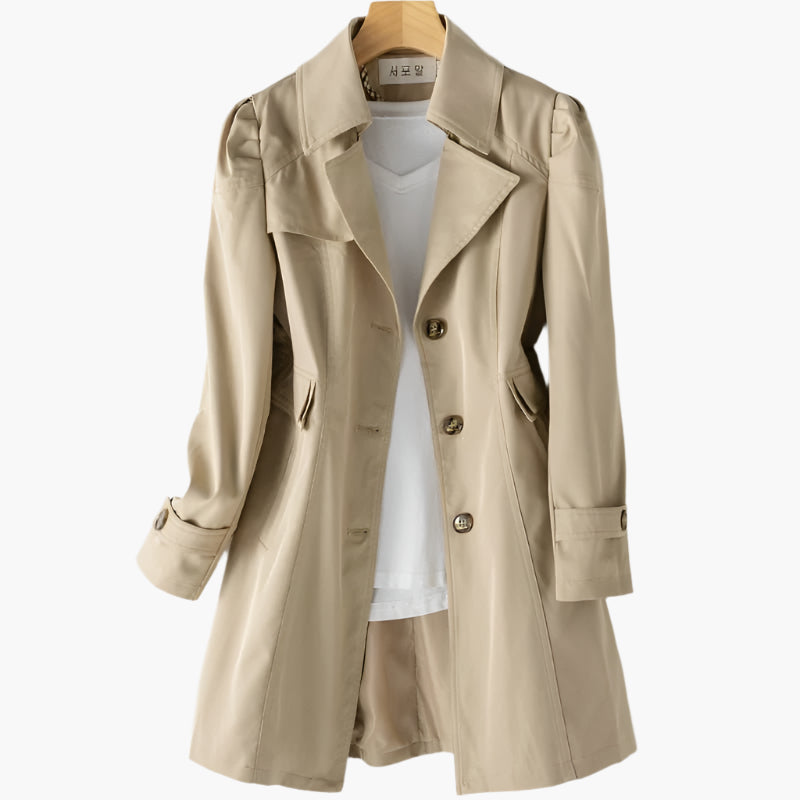 Women's Single Breasted Trench Coat with Lapel Collar and Button Front