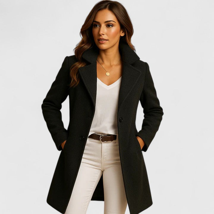 Women's Tailored Long Coat with Lapel Collar and Button Front