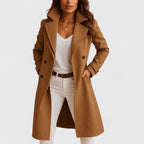 Women's Tailored Long Coat with Lapel Collar and Button Front