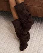 Women's Slouchy Suede Look Boots with Round Toe and Ruched Shaft