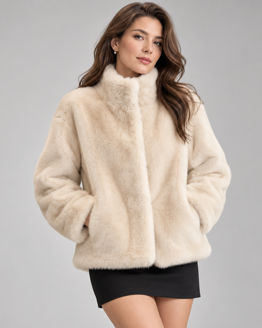 Women's Soft Faux Fur Jacket with Stand Collar and Zip Front