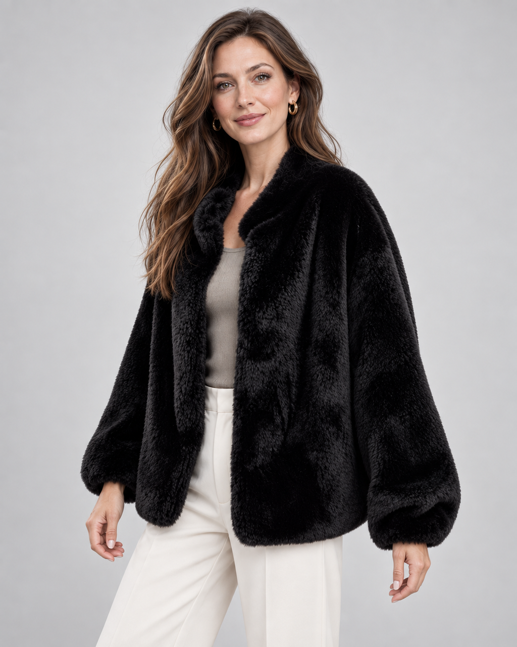 Women's Soft Faux Fur Jacket with Stand Collar and Zip Front