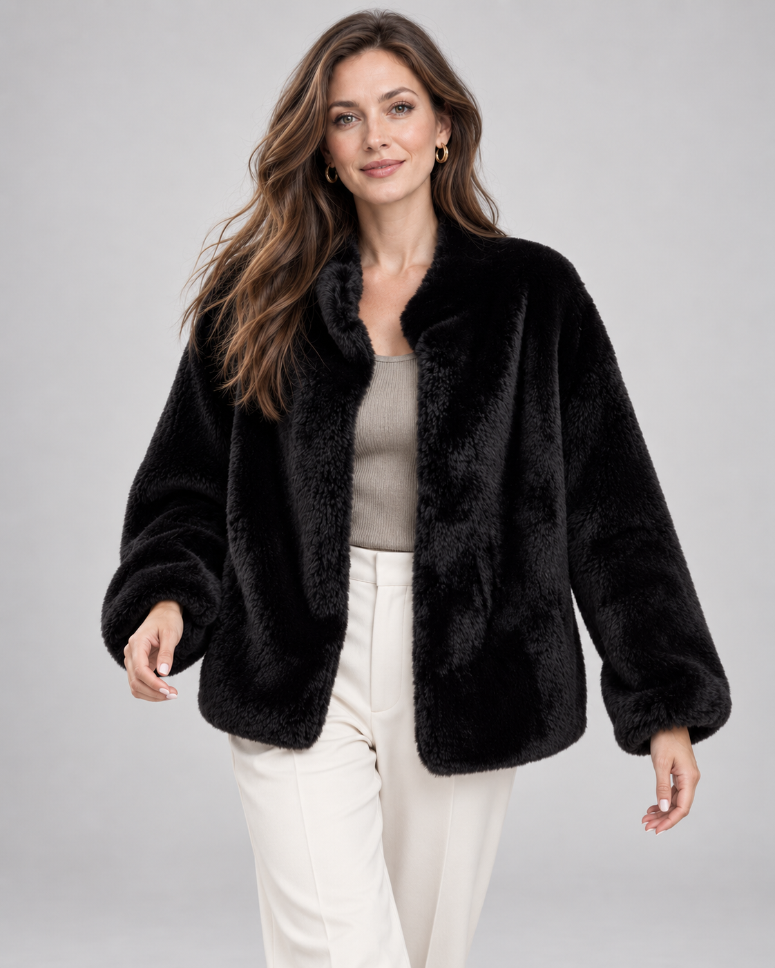 Women's Soft Faux Fur Jacket with Stand Collar and Zip Front