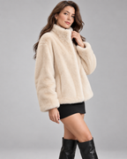 Women's Soft Faux Fur Jacket with Stand Collar and Zip Front