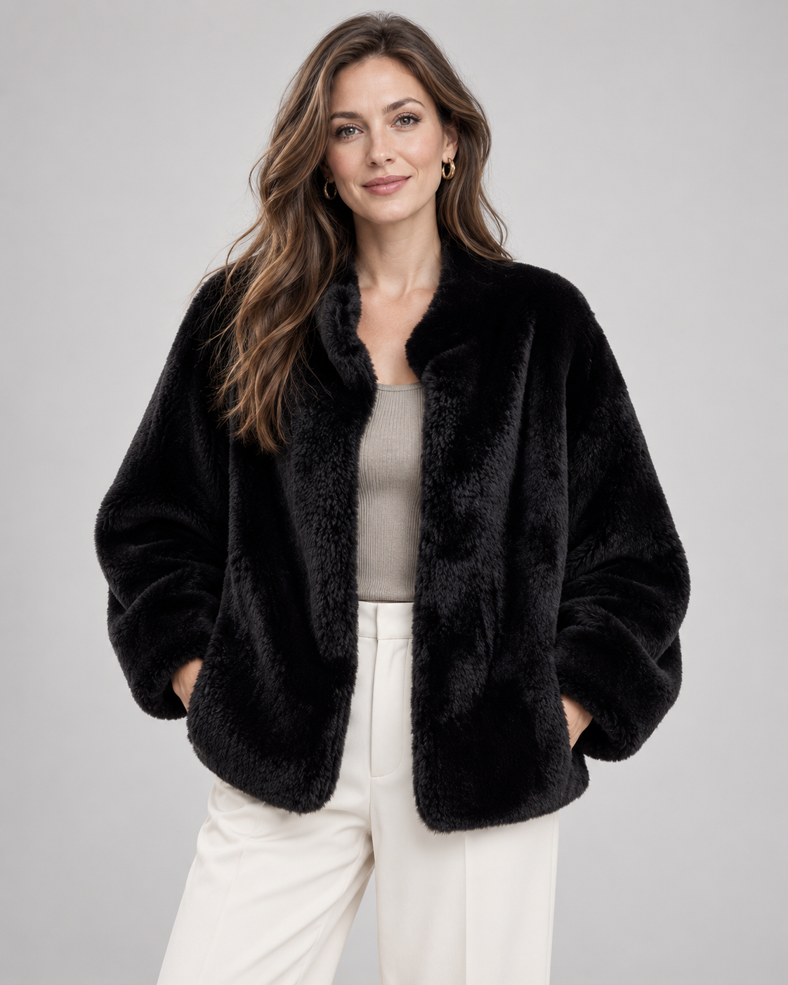 Women's Soft Faux Fur Jacket with Stand Collar and Zip Front