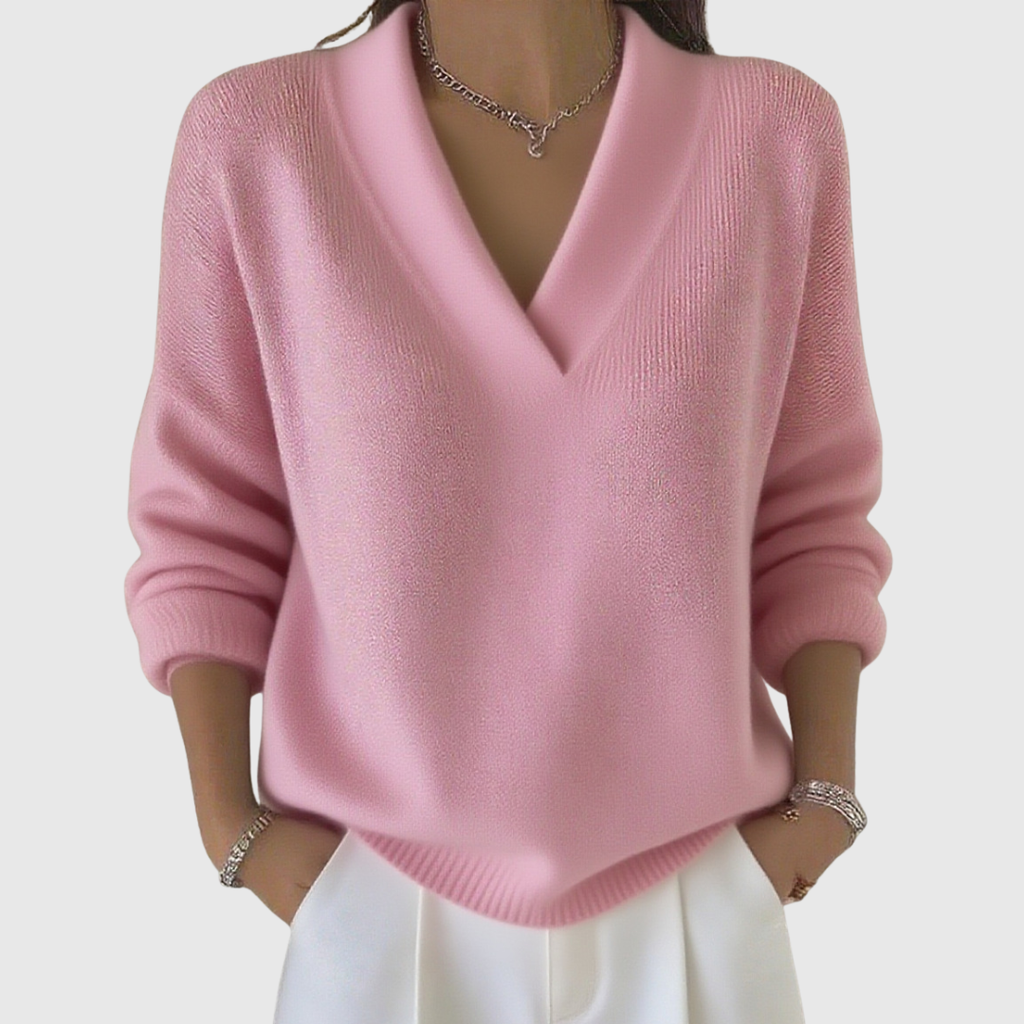 Women's Soft Knit Jumper with V Neck and Relaxed Fit