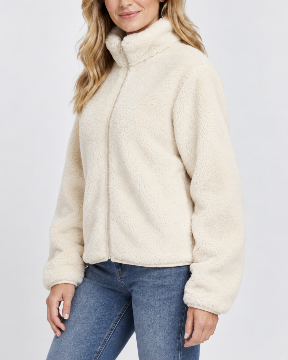 Women's Soft Teddy Fleece Jacket with Stand Up Collar and Zip Front