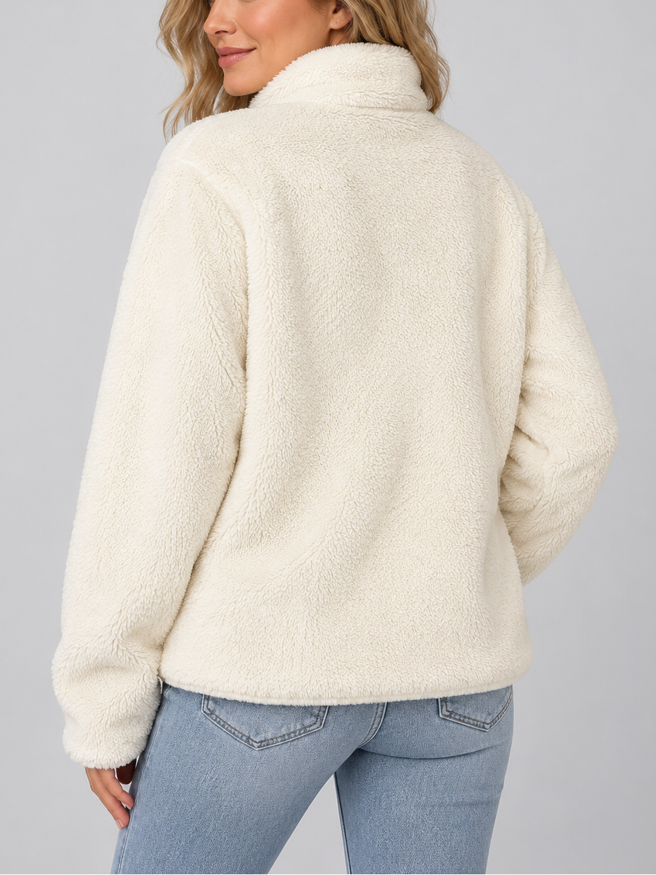 Women's Soft Teddy Fleece Jacket with Stand Up Collar and Zip Front