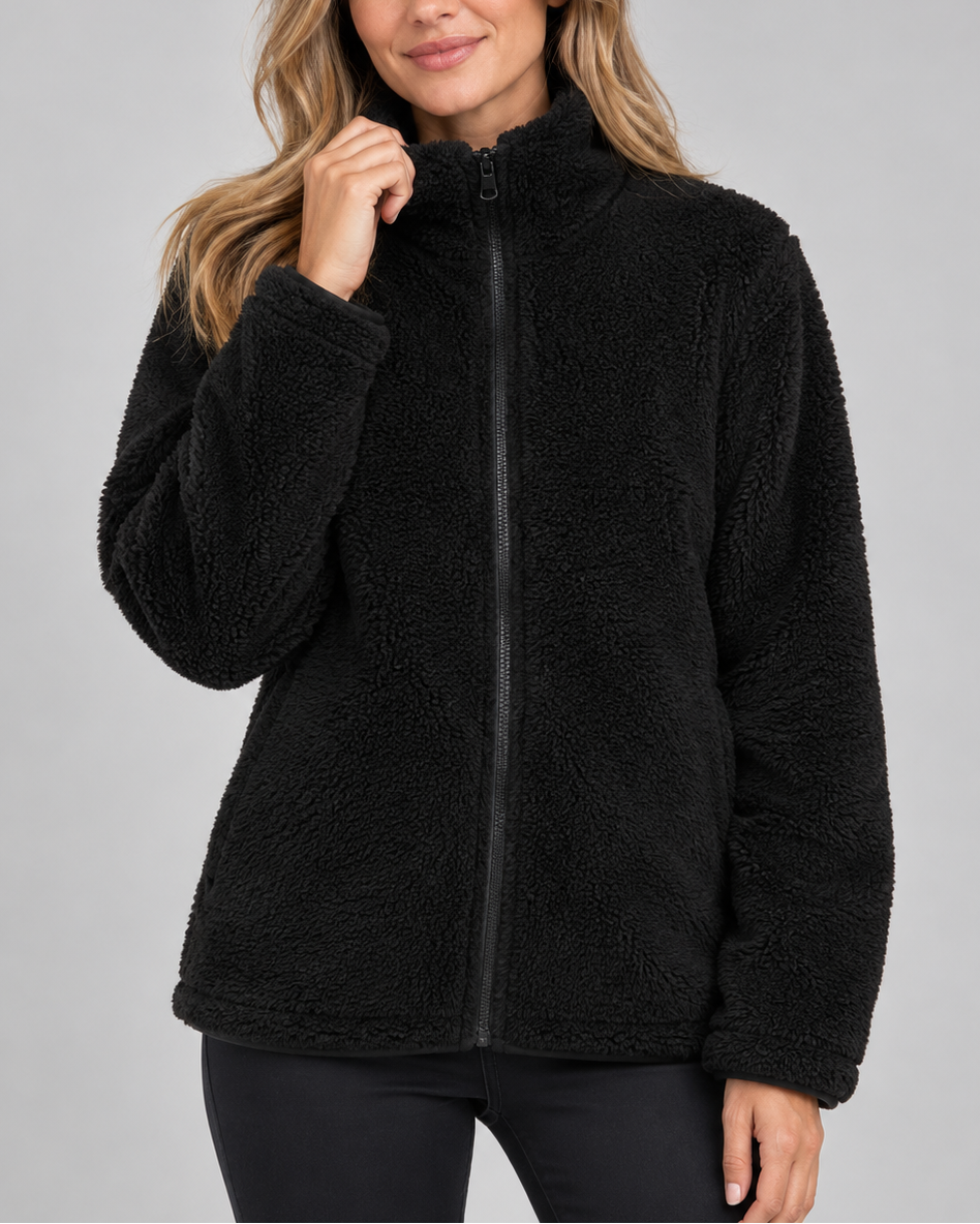 Women's Soft Teddy Fleece Jacket with Stand Up Collar and Zip Front