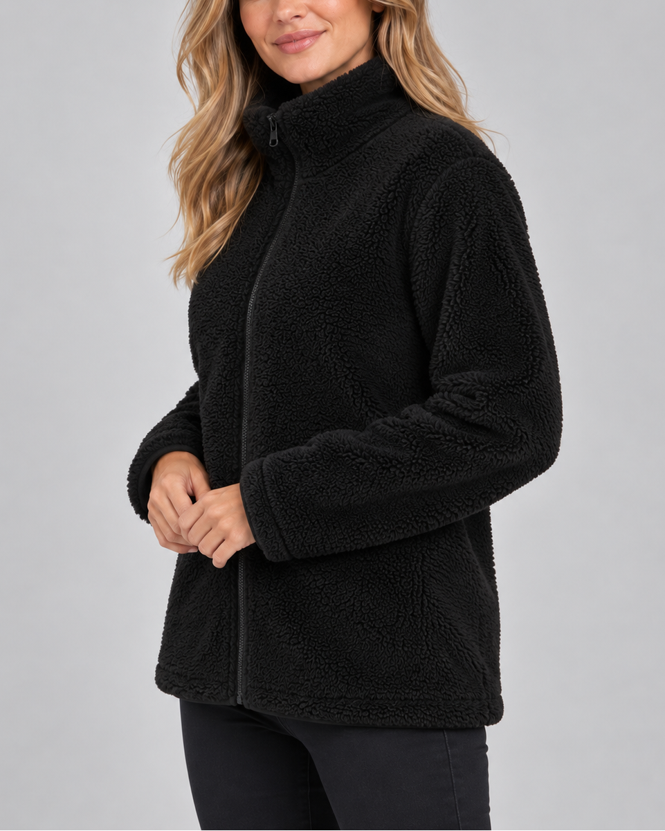 Women's Soft Teddy Fleece Jacket with Stand Up Collar and Zip Front