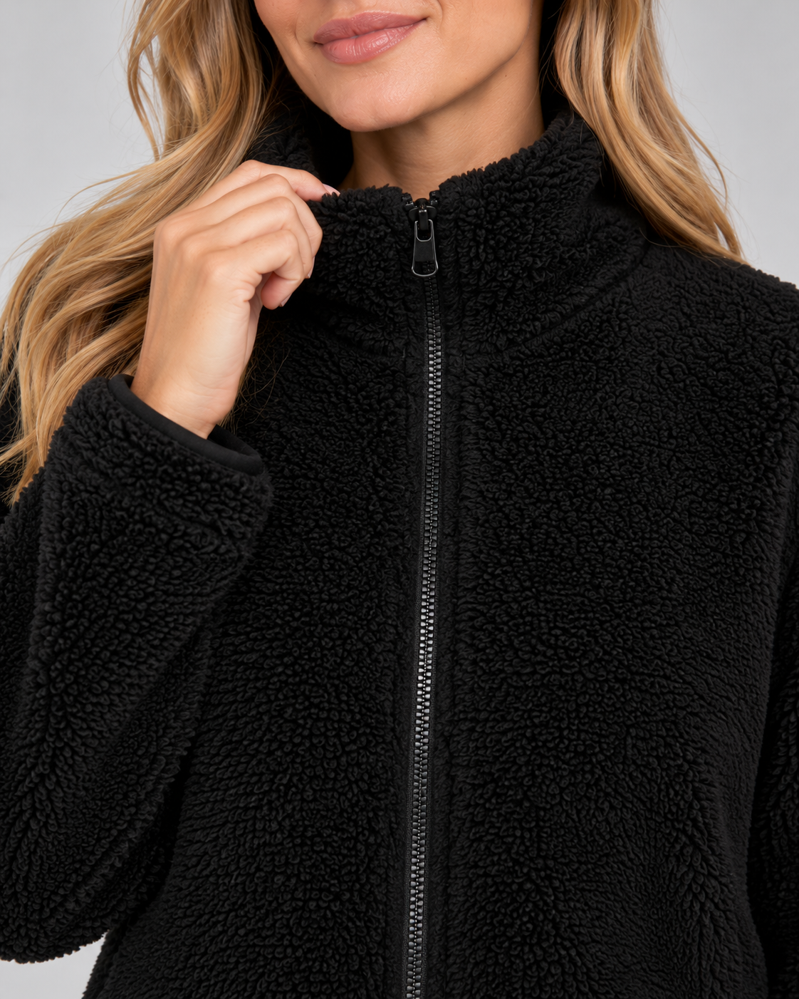 Women's Soft Teddy Fleece Jacket with Stand Up Collar and Zip Front