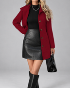 Burgundy stand collar wool look coat styled with boots