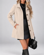 Beige stand collar wool look coat styled with boots
