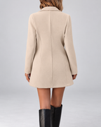 Beige stand collar wool look coat back