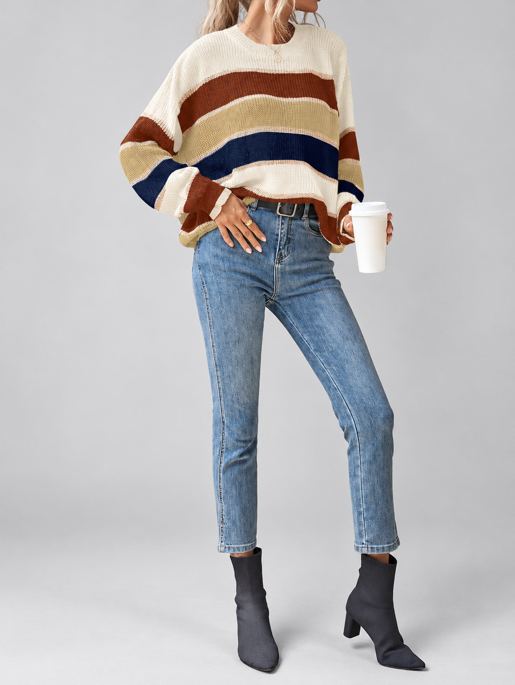 Apricot striped knitted jumper – studio view 9