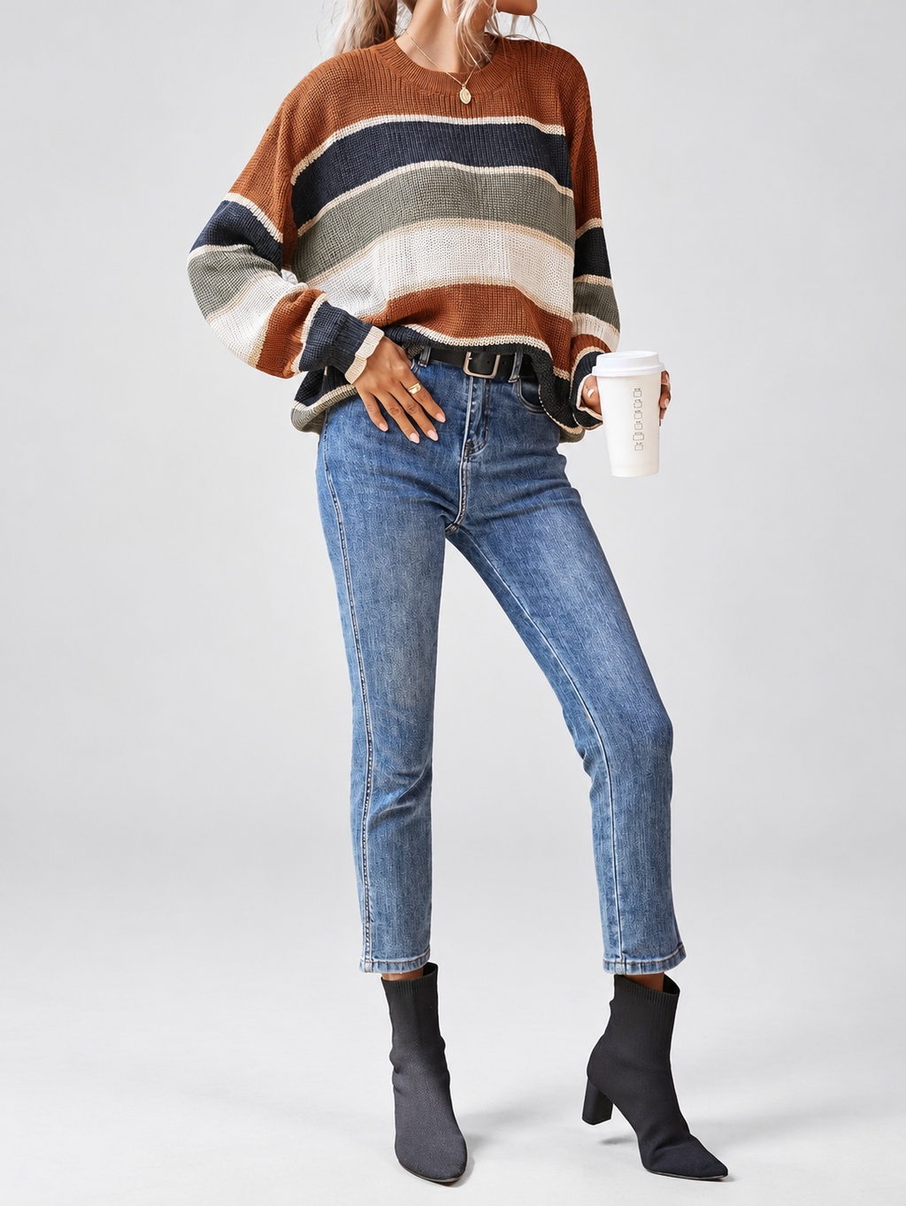 Coffee striped knitted jumper – studio view 18