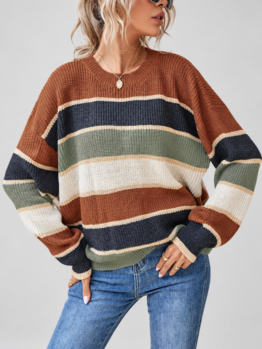 Coffee striped knitted jumper – studio view 19
