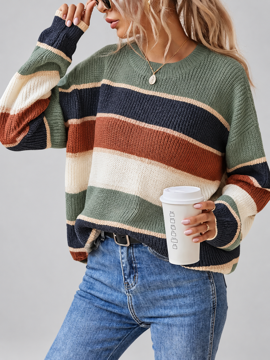 Green striped knitted jumper with crew neck and dropped shoulders – studio front view