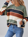 Green striped knitted jumper with crew neck and dropped shoulders – studio front view