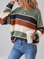 Green striped knitted jumper with crew neck and dropped shoulders – studio front view