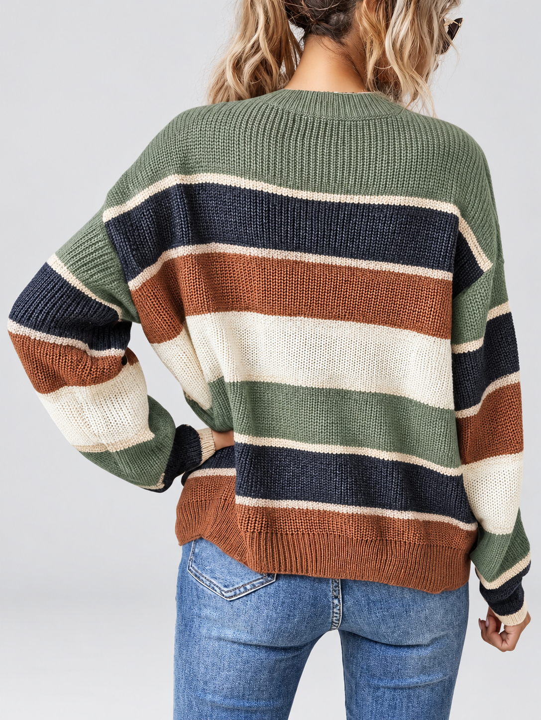 Green striped knitted jumper – studio view 2