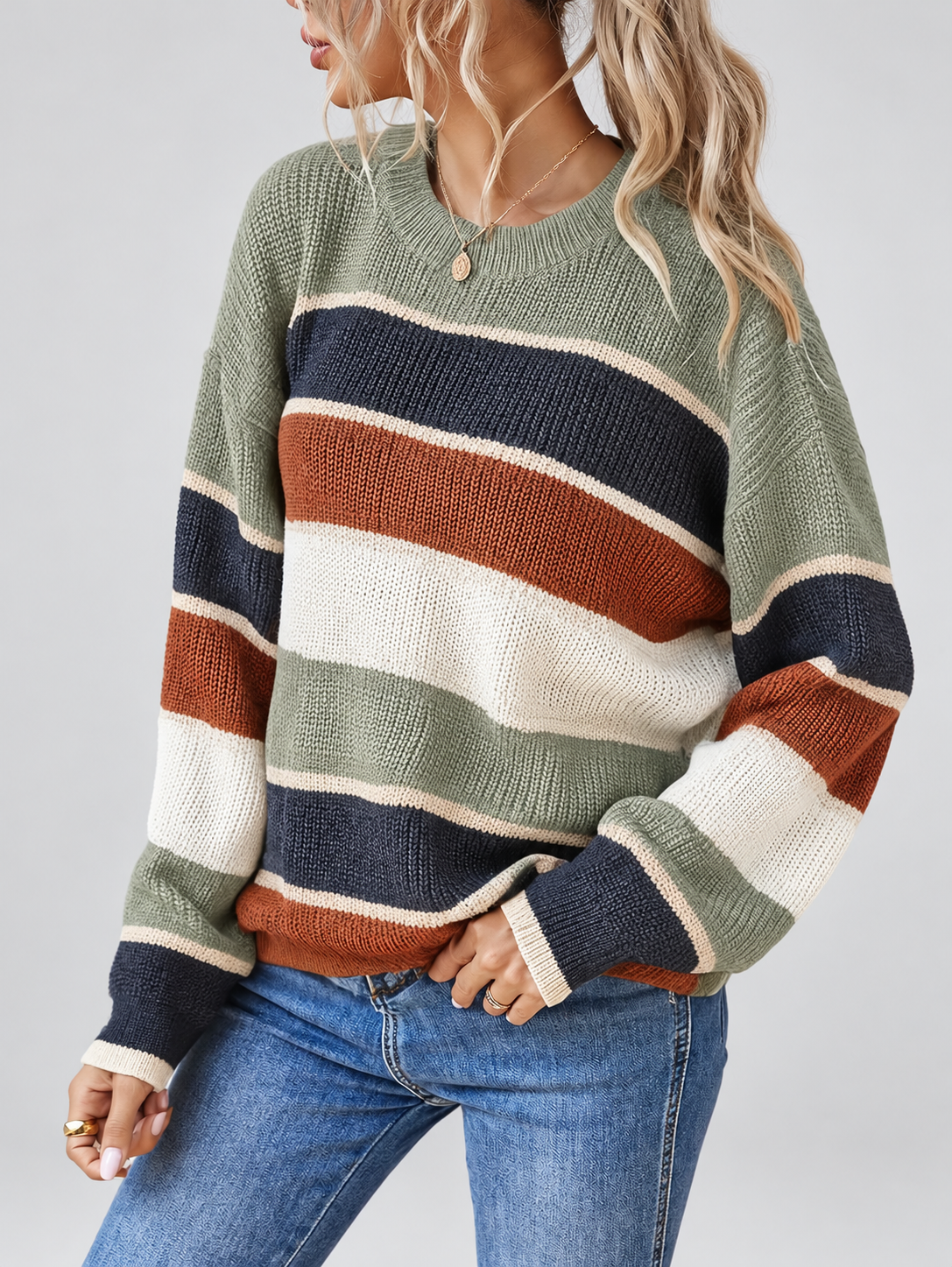 Green striped knitted jumper – studio view 3