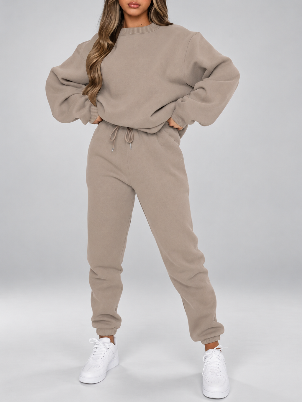 Women's Sweatshirt and Joggers Co-Ord Set with Crew Neck and Drawstring Waist in Beige – Front View