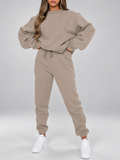 Women's Sweatshirt and Joggers Co-Ord Set with Crew Neck and Drawstring Waist in Beige – Front View