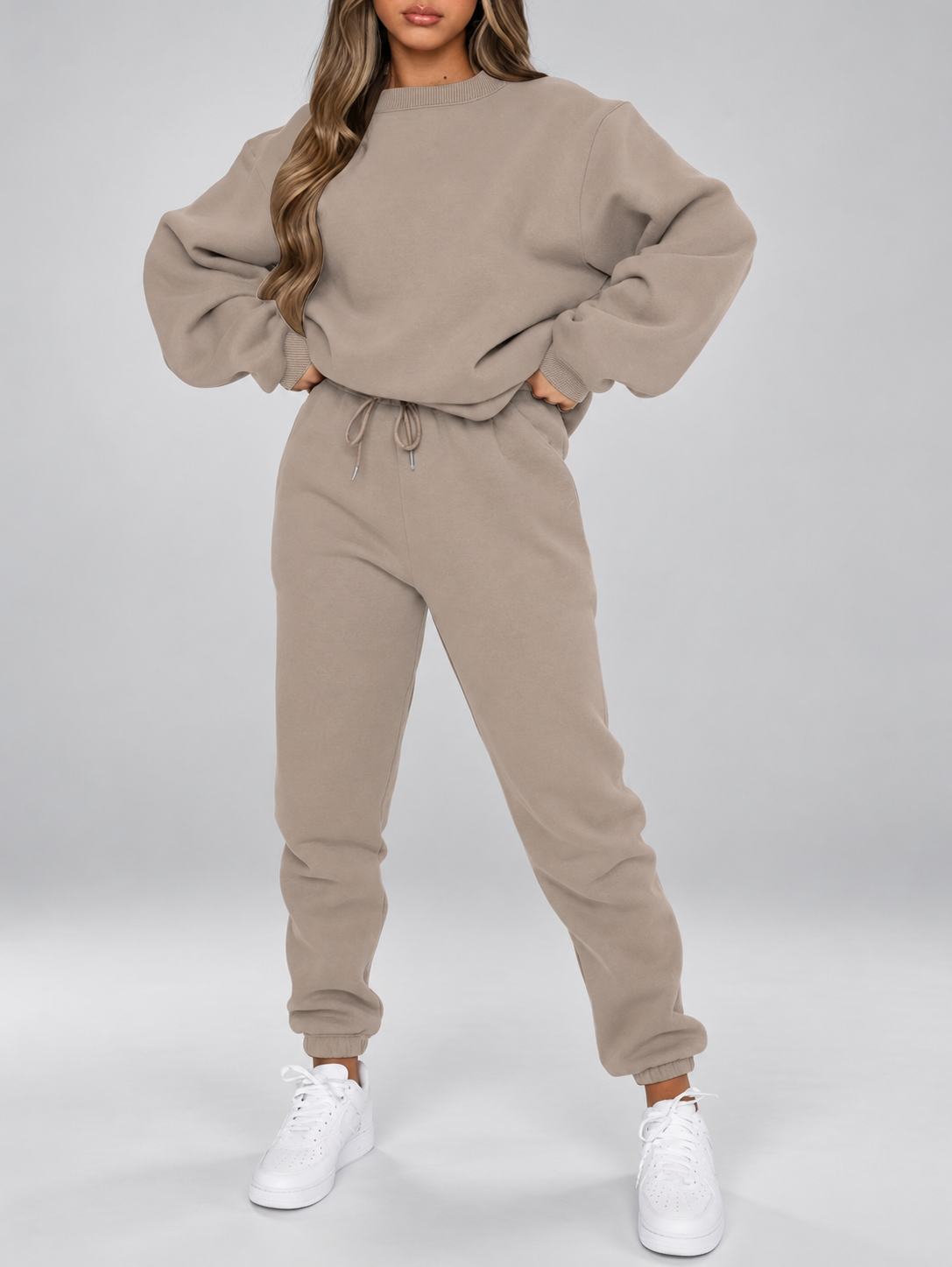 Women's Sweatshirt and Joggers Co-Ord Set with Crew Neck and Drawstring Waist in Beige – Front View