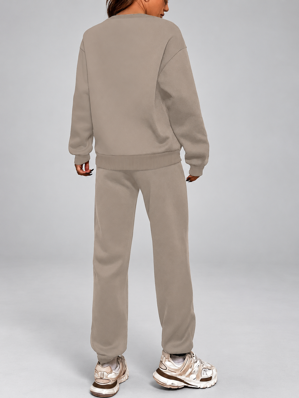 Women's Sweatshirt and Joggers Co-Ord Set with Crew Neck and Drawstring Waist in Beige – Back View