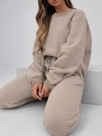 Women's Sweatshirt and Joggers Co-Ord Set with Crew Neck and Drawstring Waist in Beige – Seated View