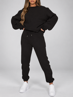 Women's Sweatshirt and Joggers Co-Ord Set with Crew Neck and Drawstring Waist in Black – Front View
