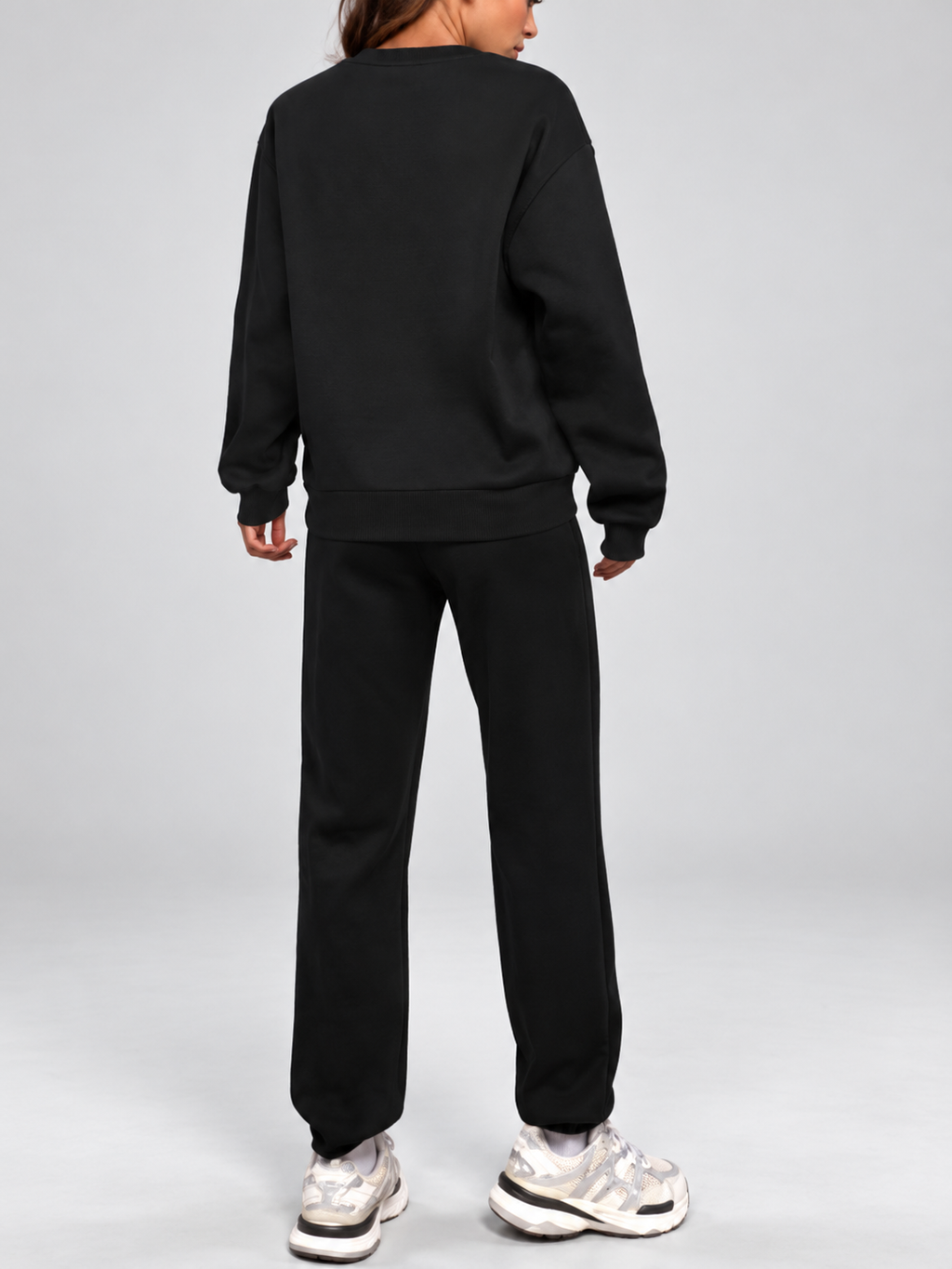 Women's Sweatshirt and Joggers Co-Ord Set with Crew Neck and Drawstring Waist in Black – Back View