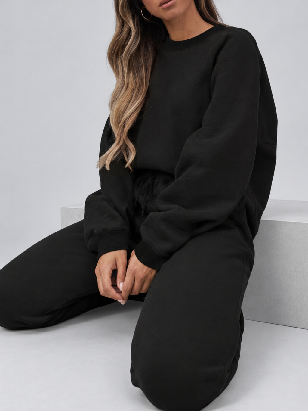 Women's Sweatshirt and Joggers Co-Ord Set with Crew Neck and Drawstring Waist in Black – Seated View